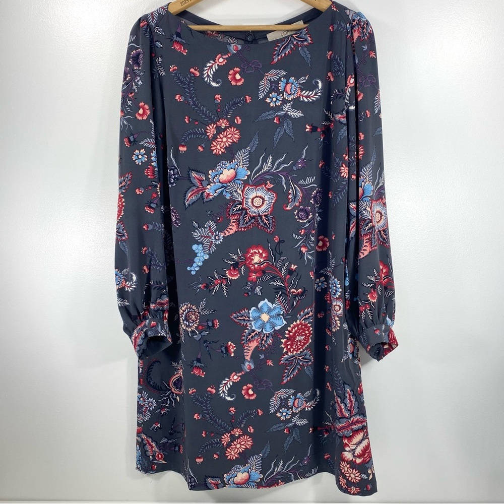 Ann Taylor LOFT Nouveau Garden Gray Red Floral Bateau Neck Shift Dress 10 NWT